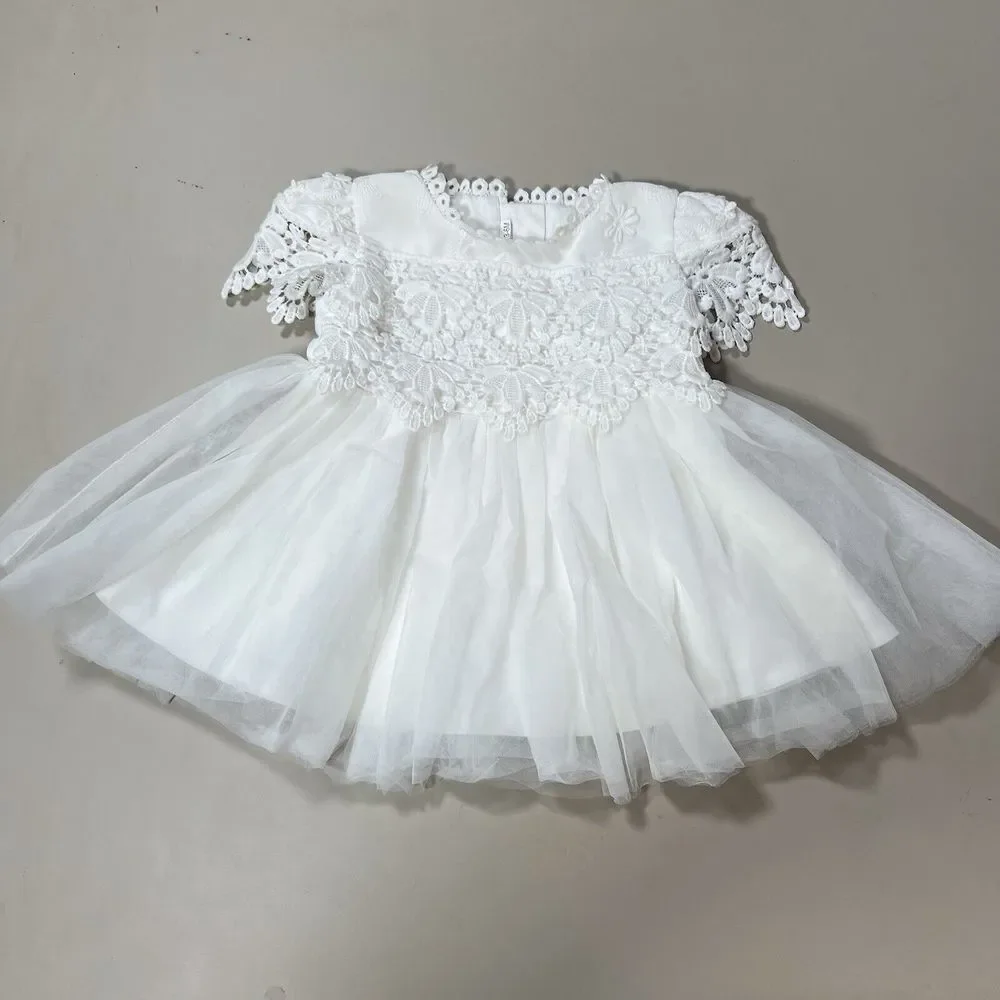 Baby Girl White Lace Tulle Christening Flower Girl Dress 3-6M‎